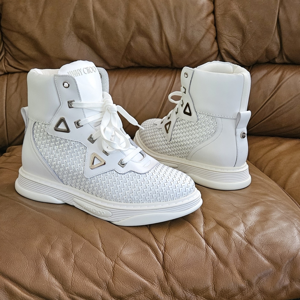 New Men's Jimmy Choo White Leather Designer High-Top Sneakers Size 8.5 US